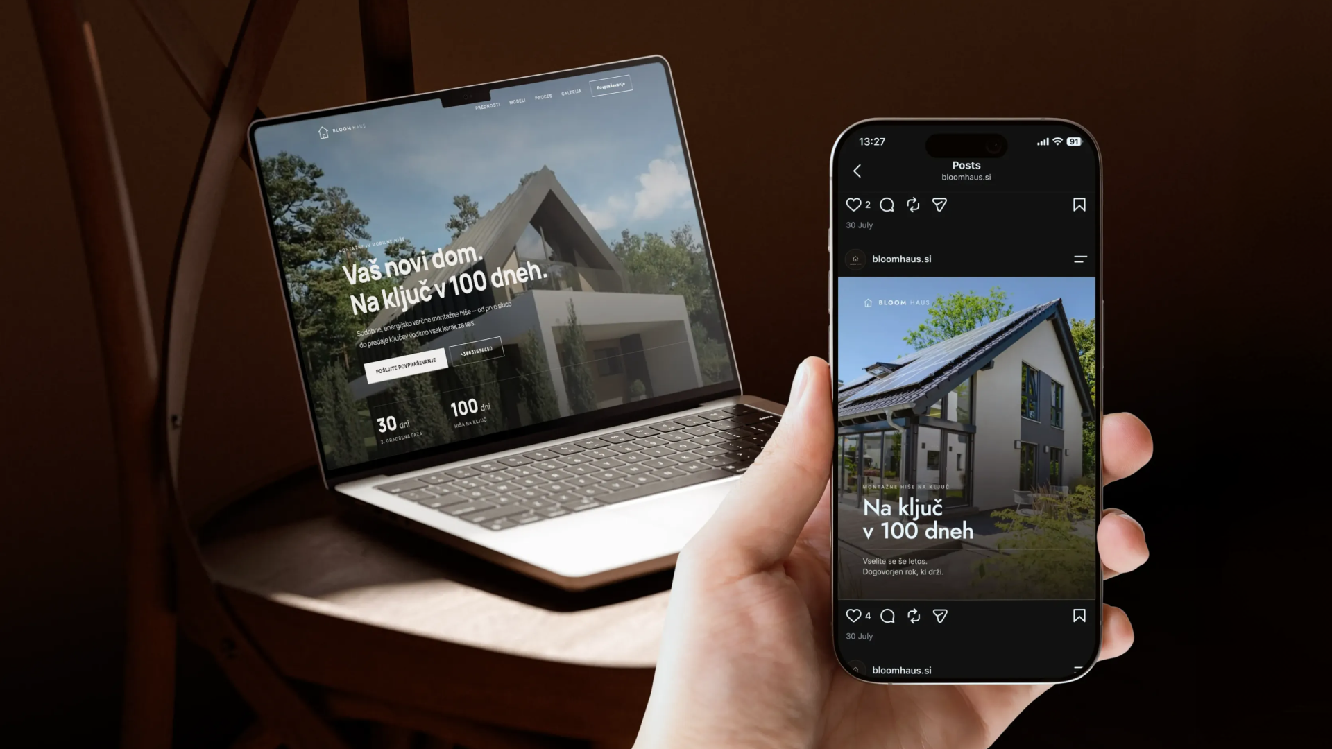 Izrada web stranice za Bloom Haus: prikaz nove web stranice na prijenosnom računalu i mobitelu