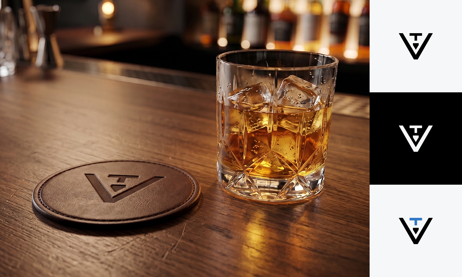 Vizualni identitet za Ventil Bar: ikona logotipa na podmetaču za čašu i u tri verzije boja