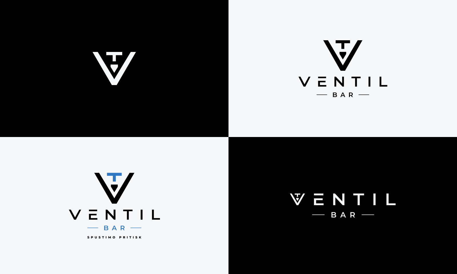 Vizualni identitet za Ventil Bar: pozitivna i negativna verzija logotipa s ikonom i sloganom Spustimo pritisk